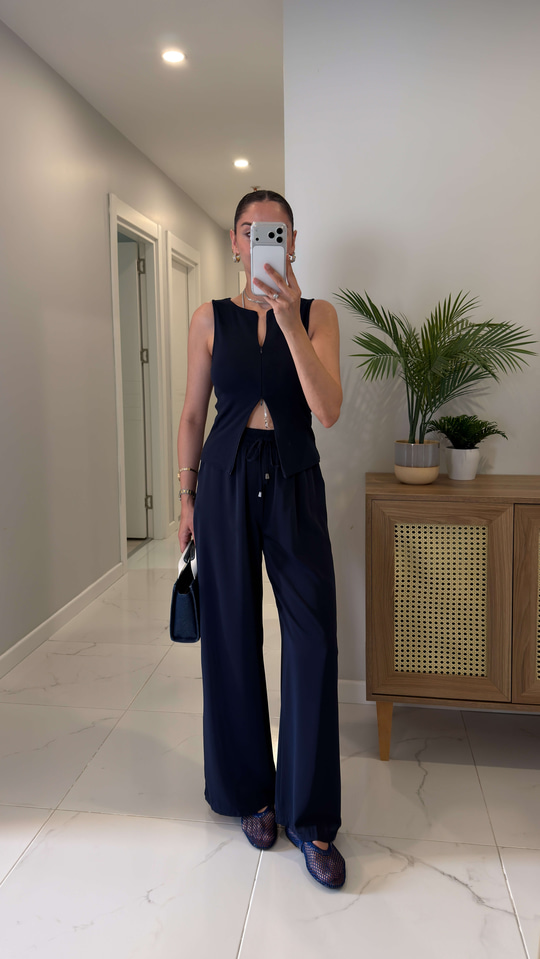 Yelsi Lacivert Bel Bağlamalı Pantolon