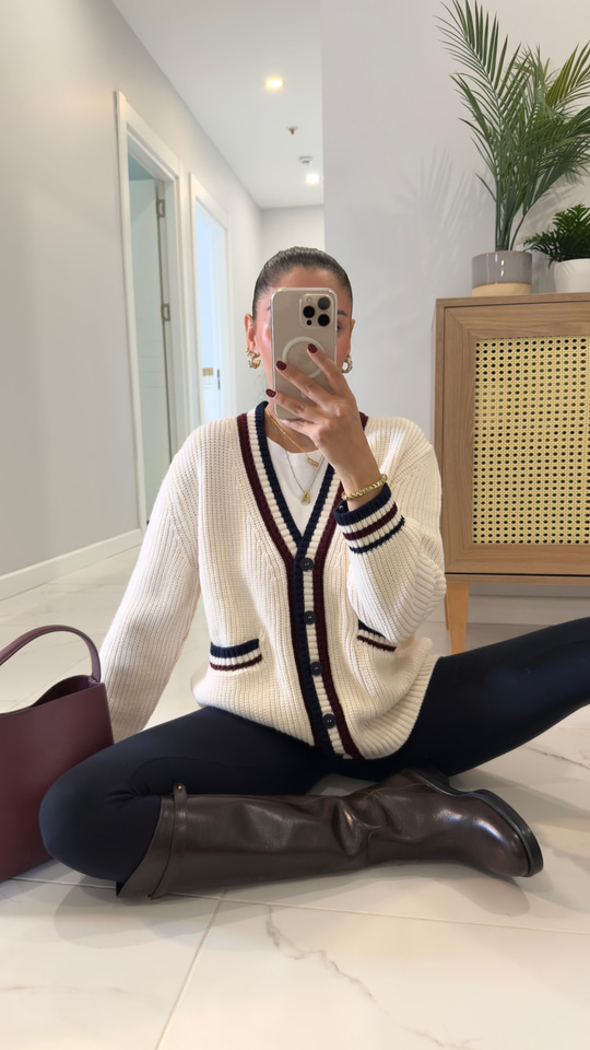 Yenwi Krem Bordo Şerit Detaylı Cepli Hırka