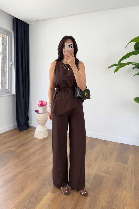 Yilaha Kahve Asimetrik İpli Bluz Pantolon Takım