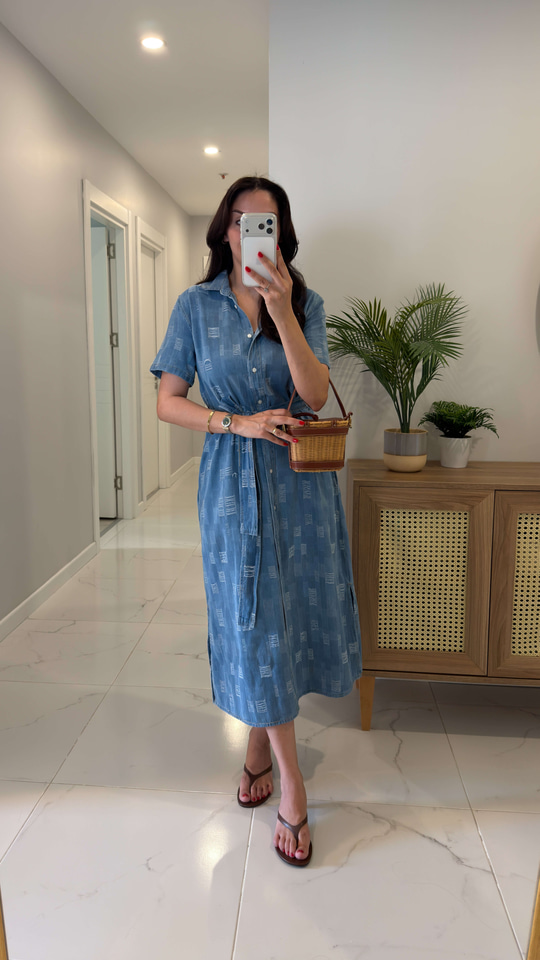 Yogas Mavi Kuşaklı Kısa Kollu Denim Elbise