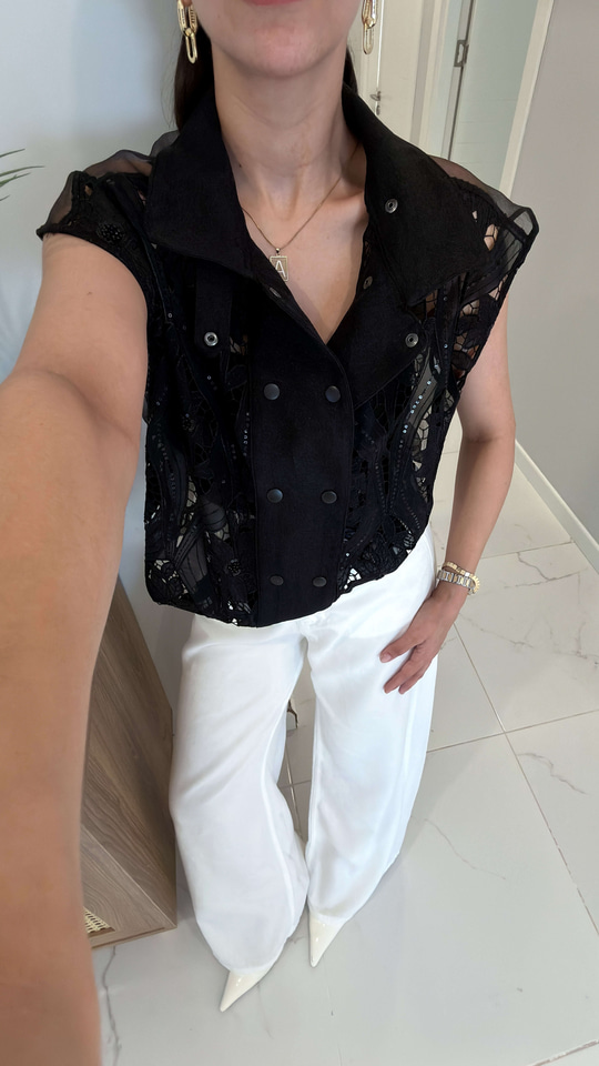Yogle Siyah Dantel Detaylı Crop Bluz Takım