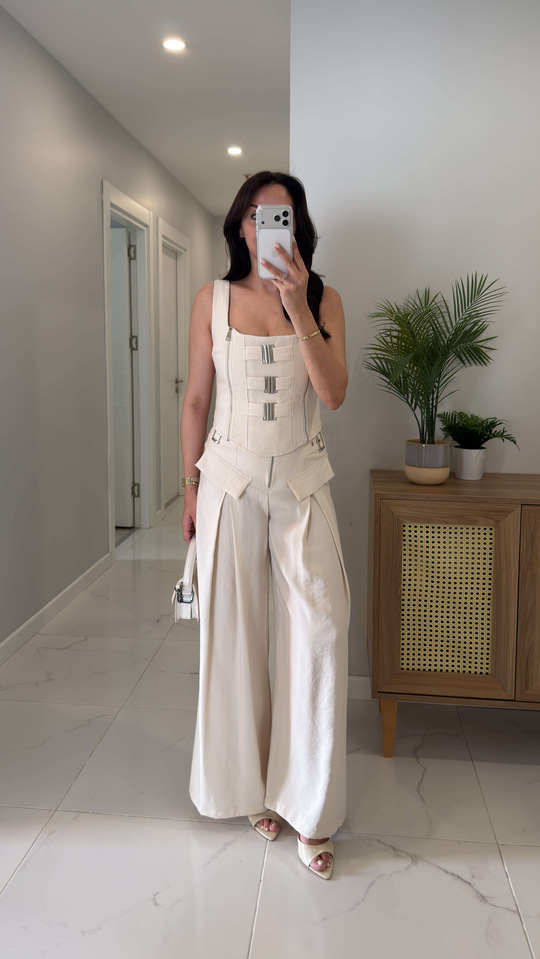 Yogsy Ekru Metal Detaylı Bluz Pantolon Takım