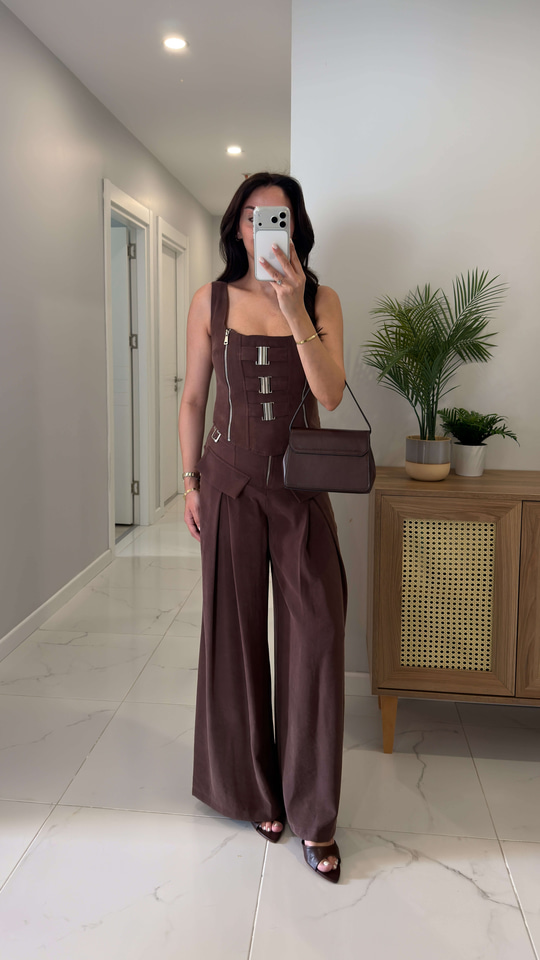 Yogsy Kahve Metal Detaylı Bluz Pantolon Takım