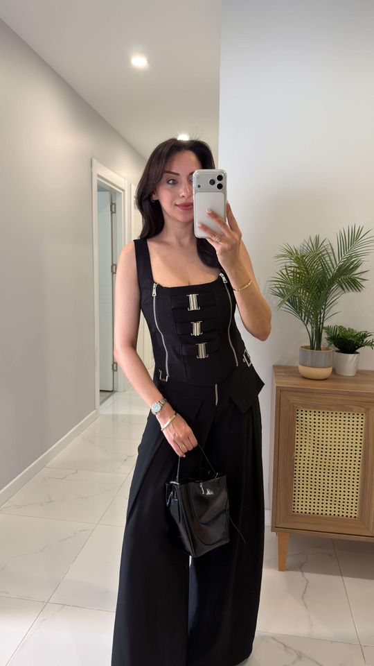 Yogsy Siyah Metal Detaylı Bluz Pantolon Takım