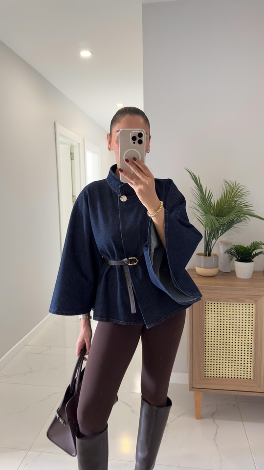 Yonra Dark Blue Kemerli Panço Ceket