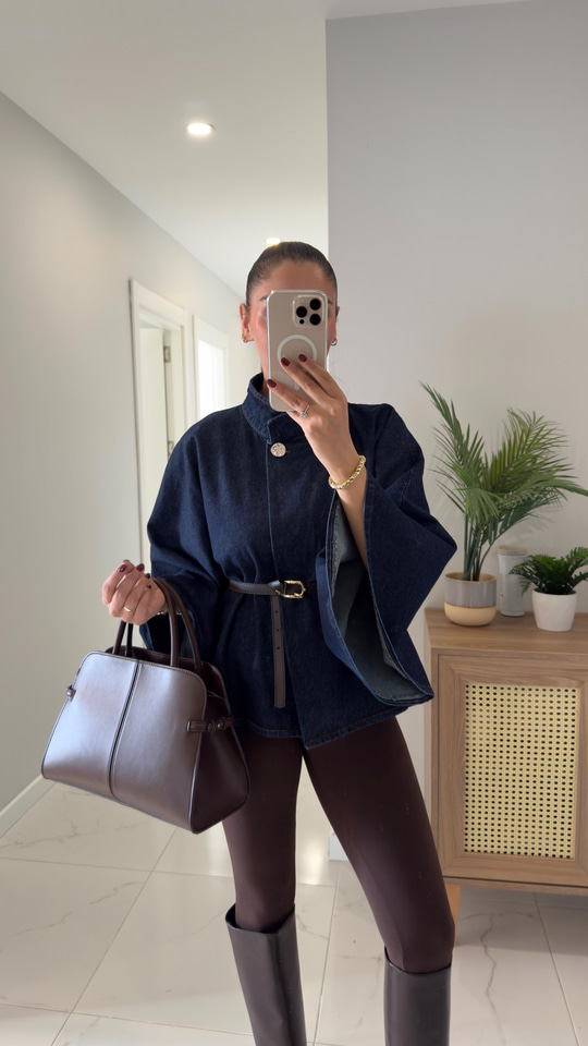 Yonra Dark Blue Kemerli Panço Ceket