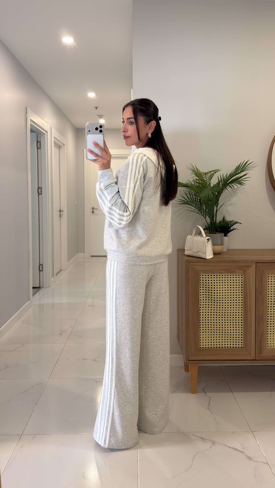 Yotte Gri Şeritli Kapüşonlu Sweat Pantolon Takım