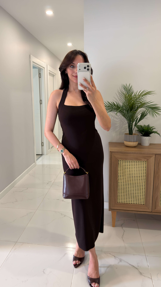 Yupore Kahve Halter Yaka Elbise