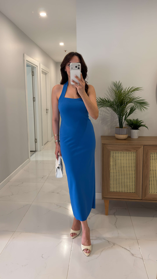 Yupore Saks Mavi Halter Yaka Elbise
