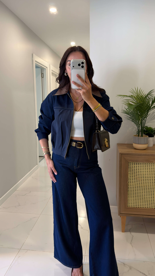 Zella Lacivert Deri Yaka Detaylı Denim Ceket Pantolon Takım