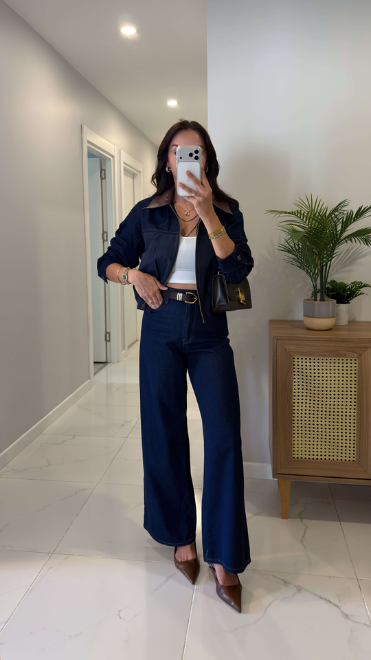 Zella Lacivert Deri Yaka Detaylı Denim Ceket Pantolon Takım