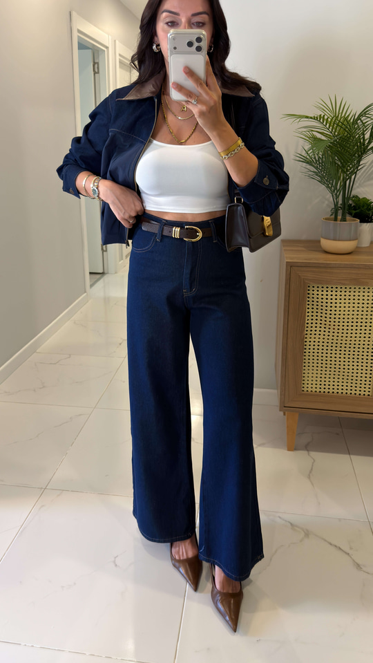 Zella Lacivert Deri Yaka Detaylı Denim Ceket Pantolon Takım