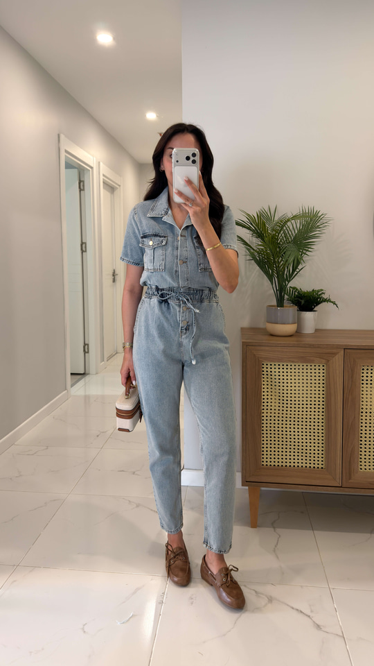 Zeus Mavi Bel Bağlama Detaylı Kısa Kollu Denim Tulum