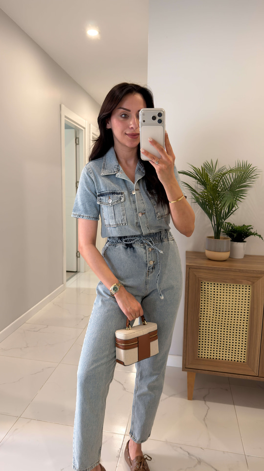 Zeus Mavi Bel Bağlama Detaylı Kısa Kollu Denim Tulum