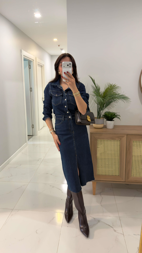 ZR Hutta Mavi Ön Yırtmaç Detaylı Denim Elbise