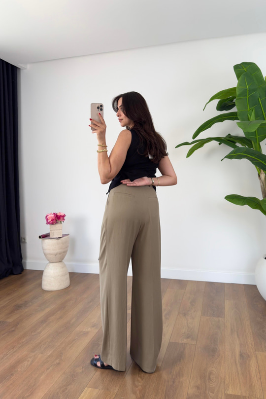 ZR Jenner Haki Kendinden Kuşaklı Straight Pantolon