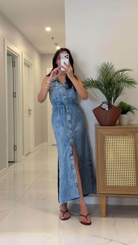 ZR Kalira Mavi Kolsuz Kuşaklı Denim Elbise