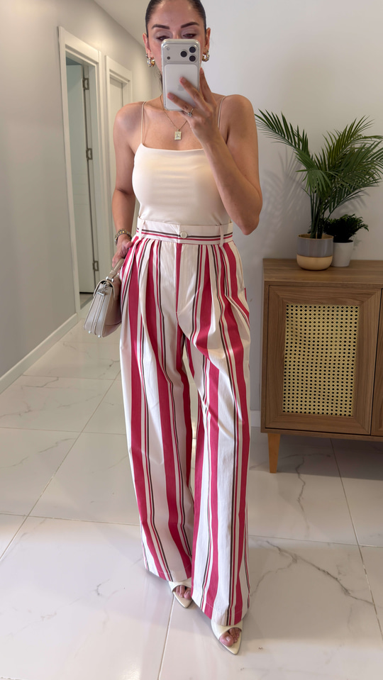 ZR Pinsla Ekru Pembe Çizgili Pantolon