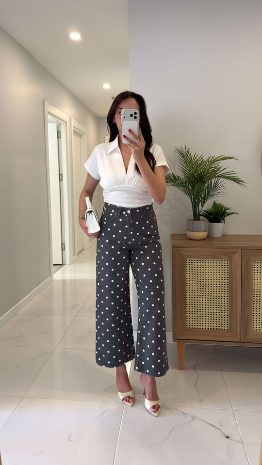 ZR Rinsta Antrasit Beyaz Puantiyeli Wıde Leg Jean