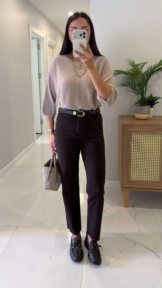 Ritta Acı Kahve Kesik Paça Boy Fit Jean