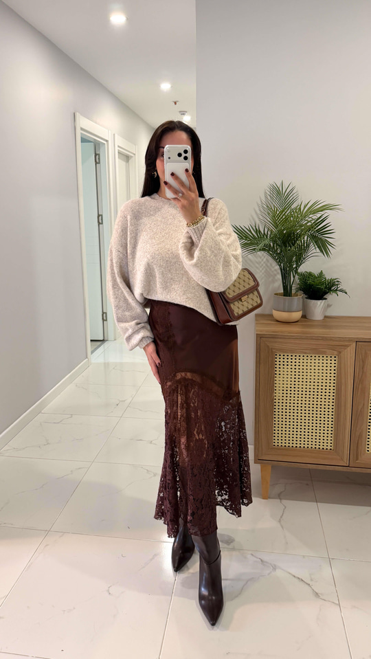 ZR Sora Kahve Saten Dantel Detaylı Etek