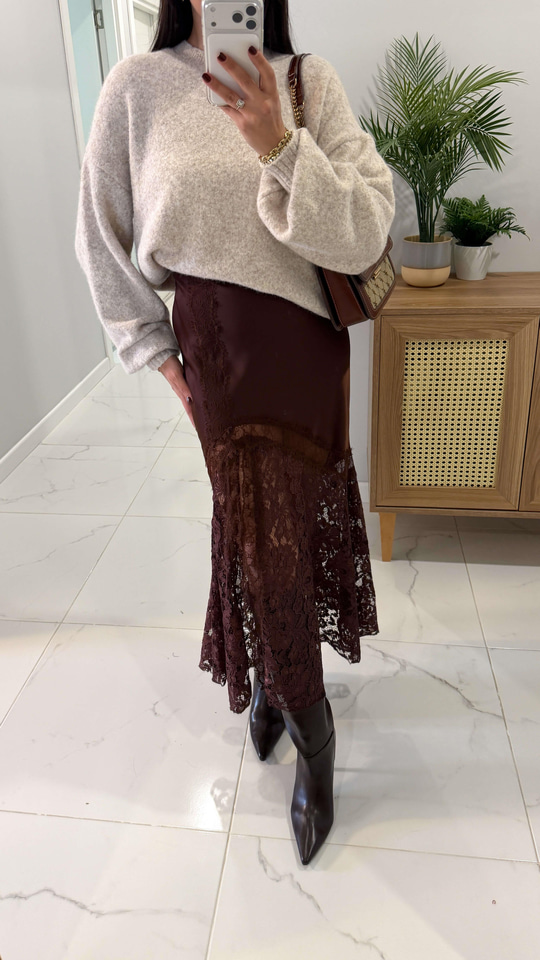 ZR Sora Kahve Saten Dantel Detaylı Etek