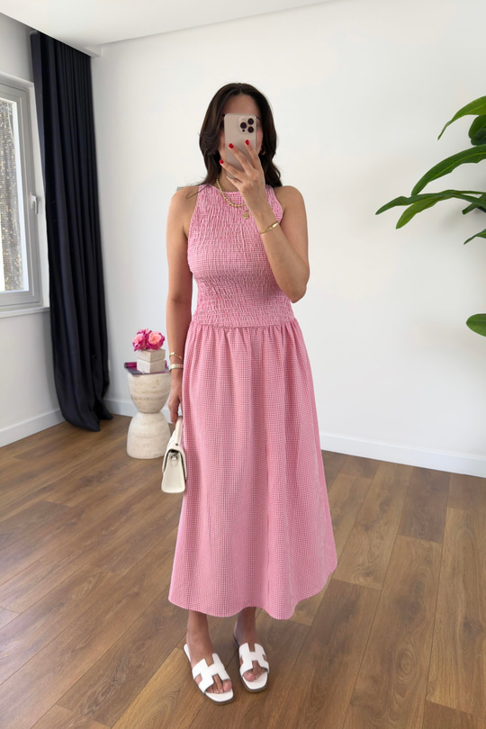 ZR Yerta Pembe Beyaz Pötikare Maxi Boy Elbise