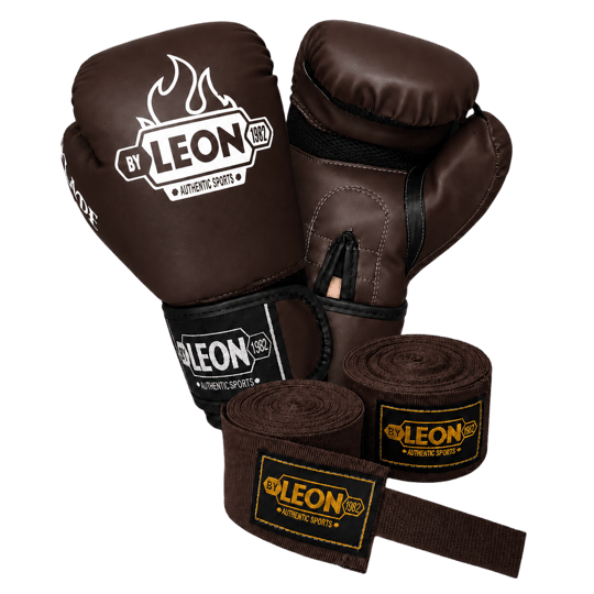 Leon Blade Training Boks Kick Boks Ve Muay Thai Eldiveni ve 3,5 m Bandaj Seti Kahverengi