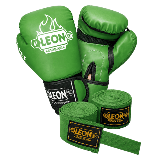 Leon Blade Training Boks Kick Boks Ve Muay Thai Eldiveni ve 3,5 m Bandaj Seti Yeşil