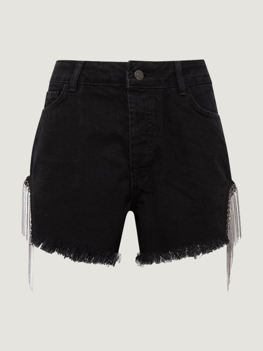 Aksesuar Detaylı Mini Jean Şort - Siyah