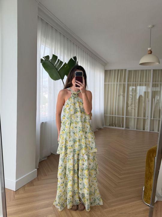 Amalfi Limon Desenli Kat Etekli Elbise