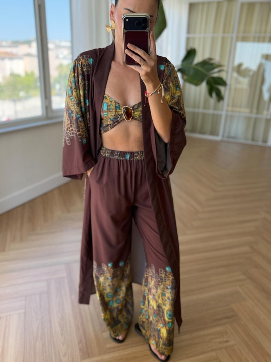 Amber Taşlı Büstiyerli Üçlü Kimono Takım