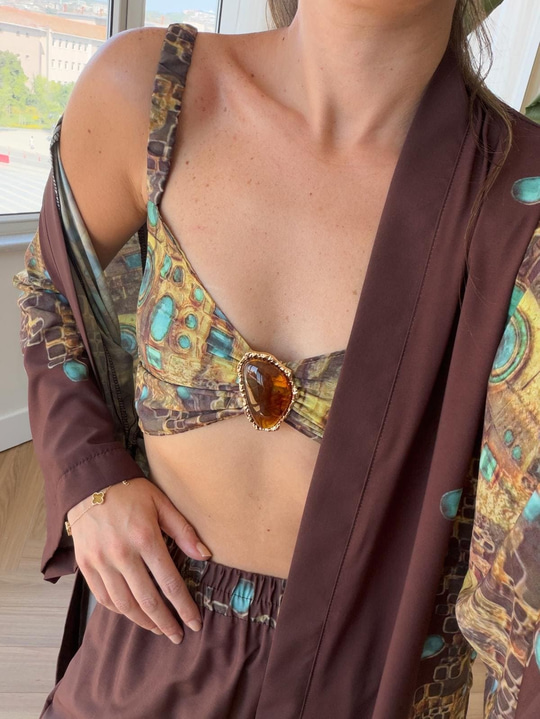 Amber Taşlı Büstiyerli Üçlü Kimono Takım