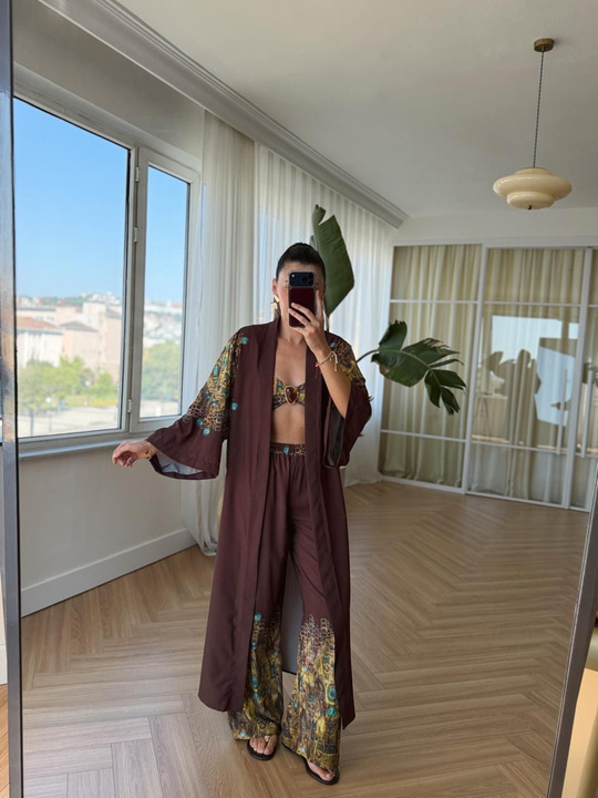Amber Taşlı Büstiyerli Üçlü Kimono Takım