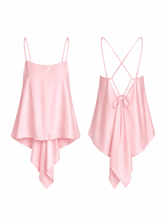 Askılı Bağlamalı Saten Pelerin Pembe Bluz