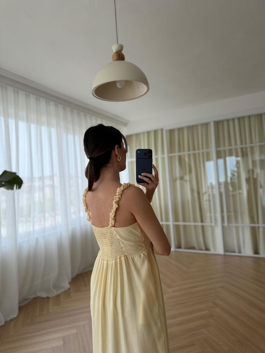 Askılı Nakışlı Sarı Tencel Elbise 