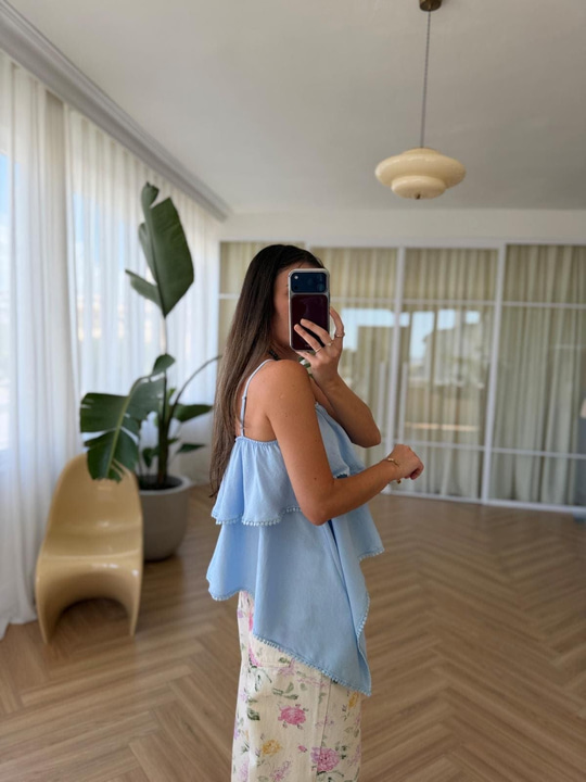 Askılı Volanlı Mavi Bluz