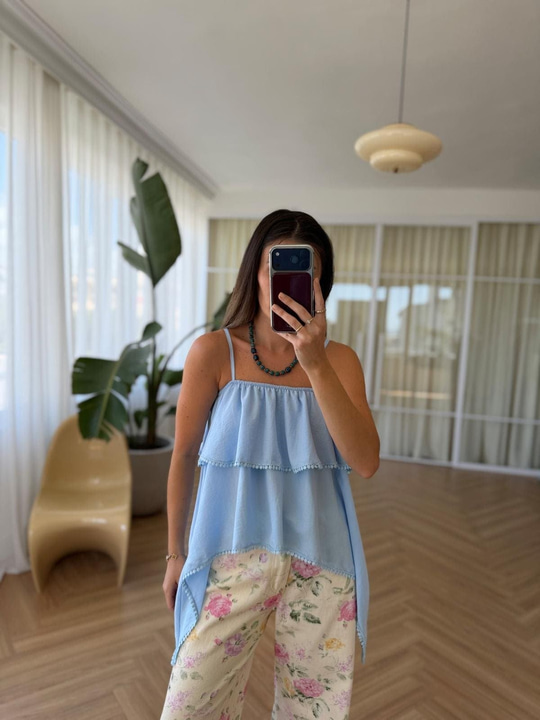 Askılı Volanlı Mavi Bluz