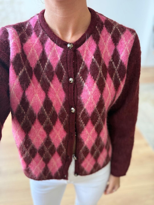 Baklava Desenli Pembe-Bordo Hırka