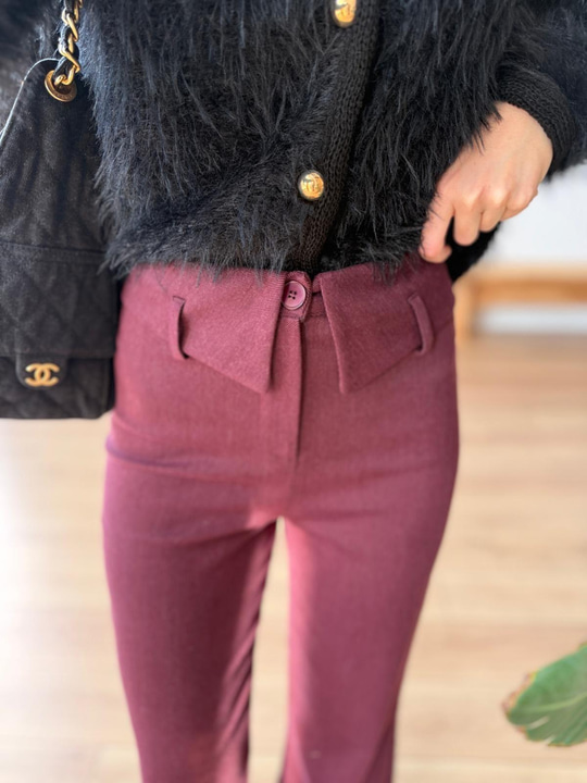 Bel Detaylı Mürdüm Pantolon