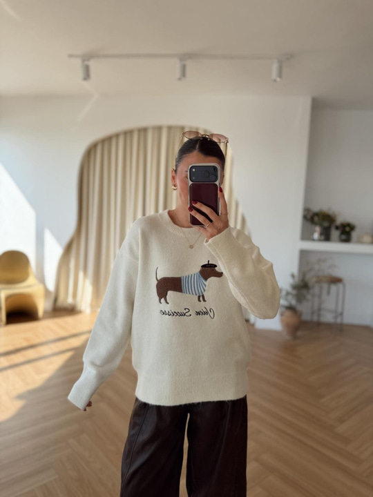 Bobi Köpek Nakışlı Ekru Kazak