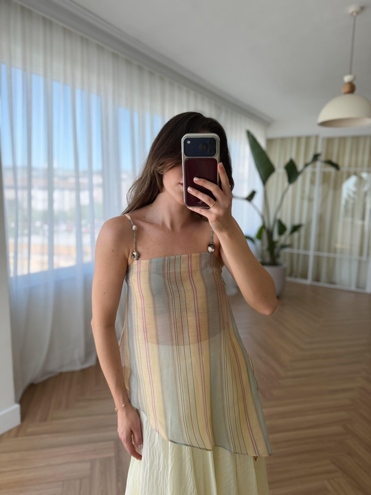 Boncuklu Çizgili Askılı Bluz