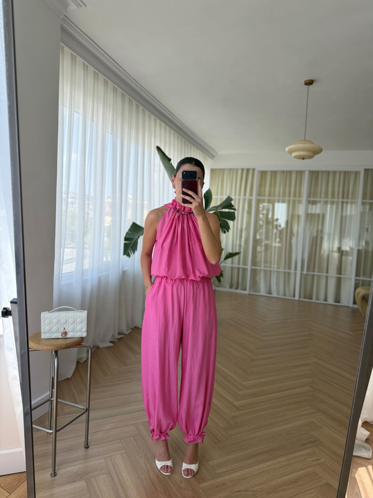 Boncuklu Fuşya Bluz Pantolon Takım