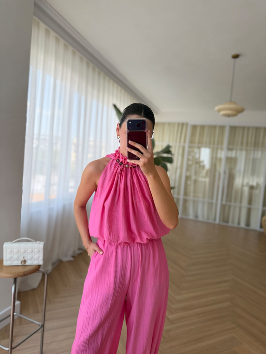 Boncuklu Fuşya Bluz Pantolon Takım