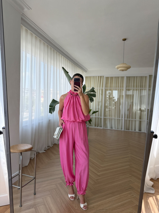 Boncuklu Fuşya Bluz Pantolon Takım