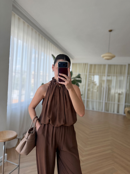 Boncuklu Kahverengi Bluz Pantolon Takım