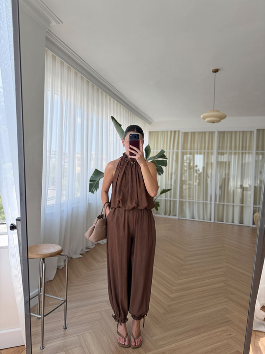 Boncuklu Kahverengi Bluz Pantolon Takım