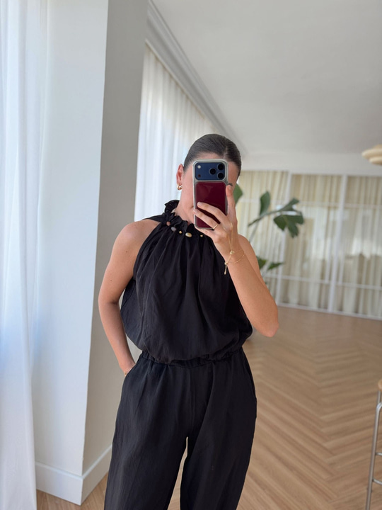 Boncuklu Siyah Bluz Pantolon Takım 