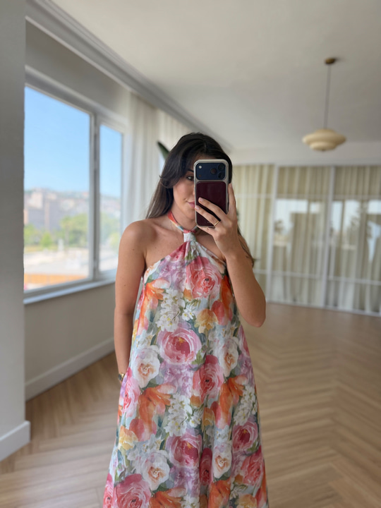 Boyundan Bağlamalı Floral Desen Elbise
