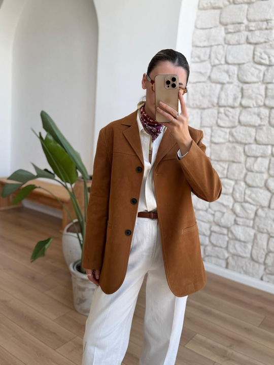 Camel Süet Blazer Ceket